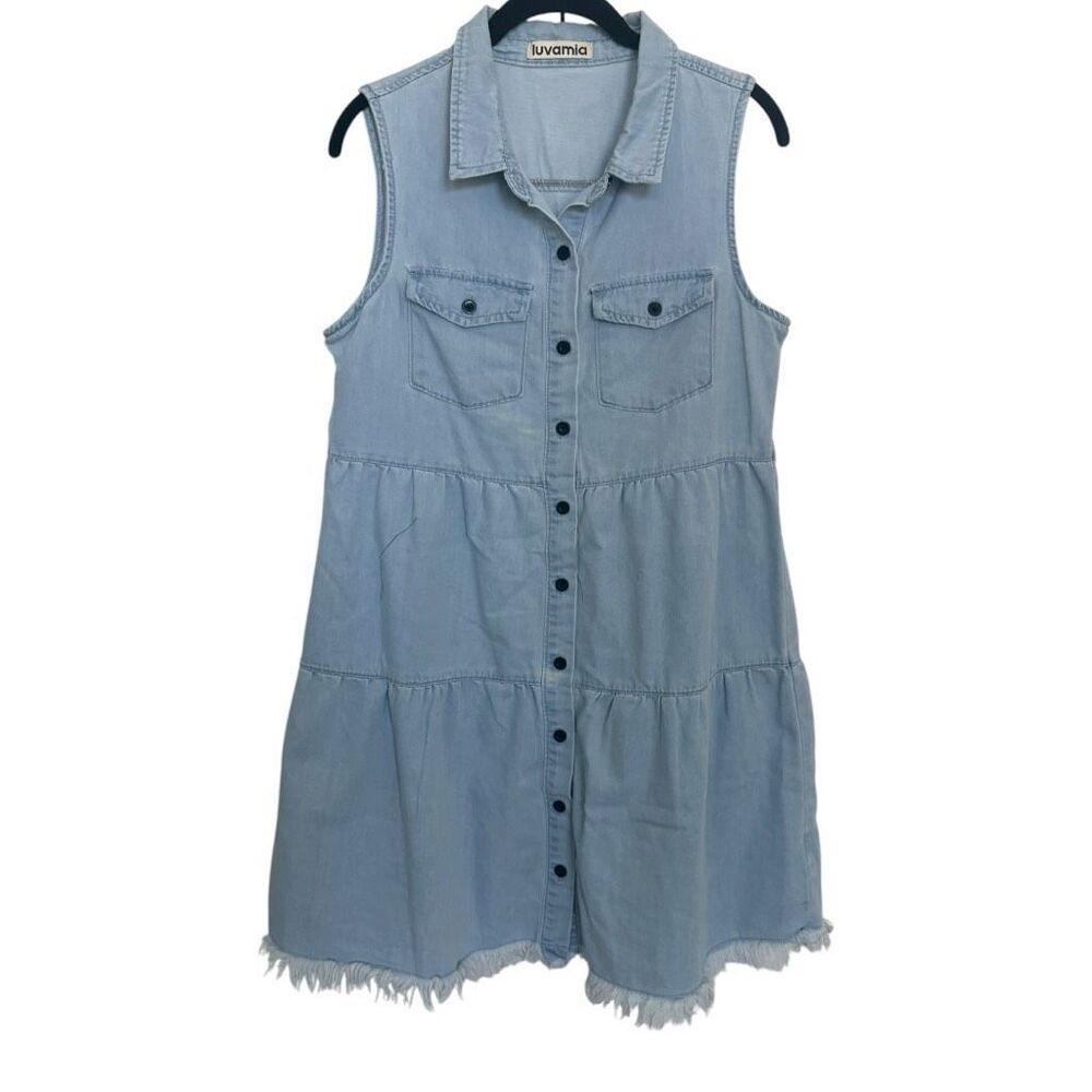 luvamia Sleeveless Button Front Blue Denim Dress Size Medium CollarTiered Ruffle